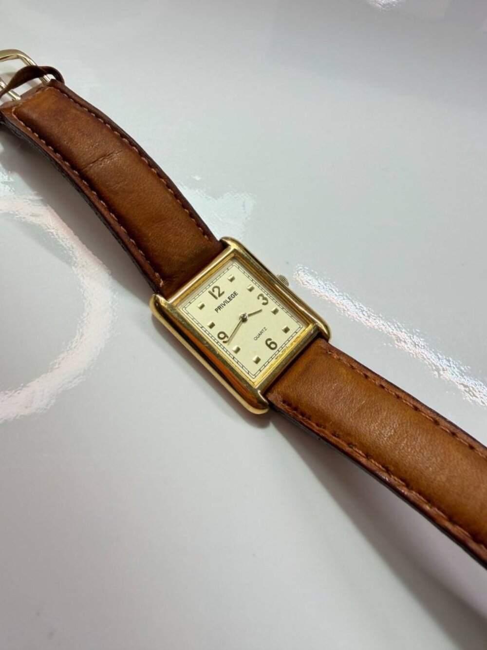 Privilege Vintage Rectangular Quartz Watch – Brown Genuine Leather Strap